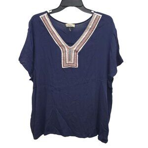 Toomi USA Woman's Navy Blue Embroidered Neck Crinkle Peasant‎ Top Plus Size 3XL